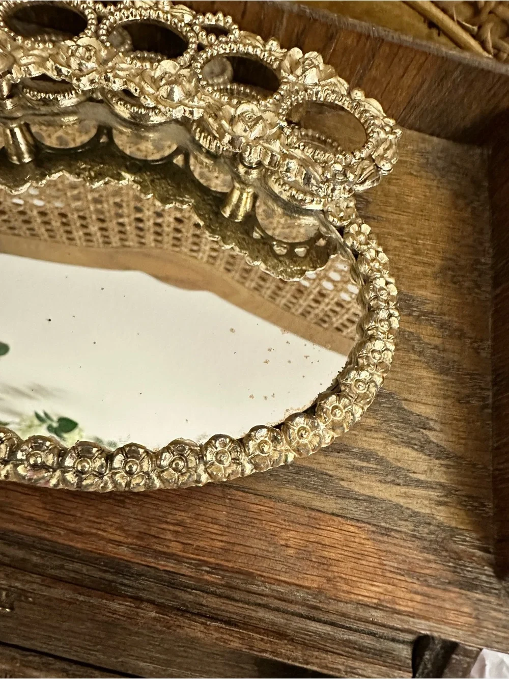 Gold Beaded Vanity Mirror Tray - Decorative Jewelry Organizer